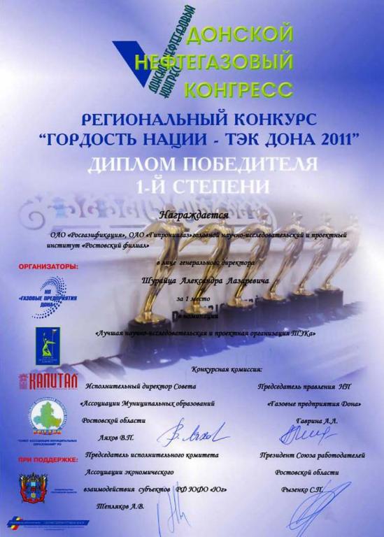 Ростовский филиал ОАО «Гипрониигаз» стал победителем в номинации конкурса «Гордость нации — ТЭК Дона 2011»